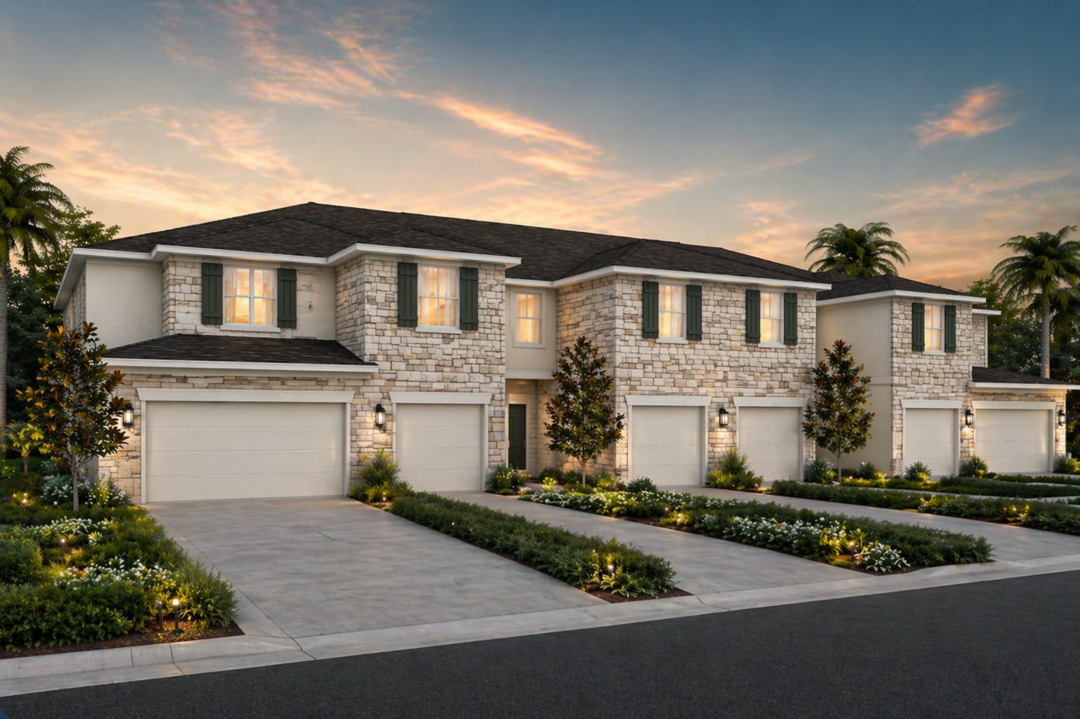 Goldenrod Terrace exterior — Craftsman-style townhome elevation at dusk