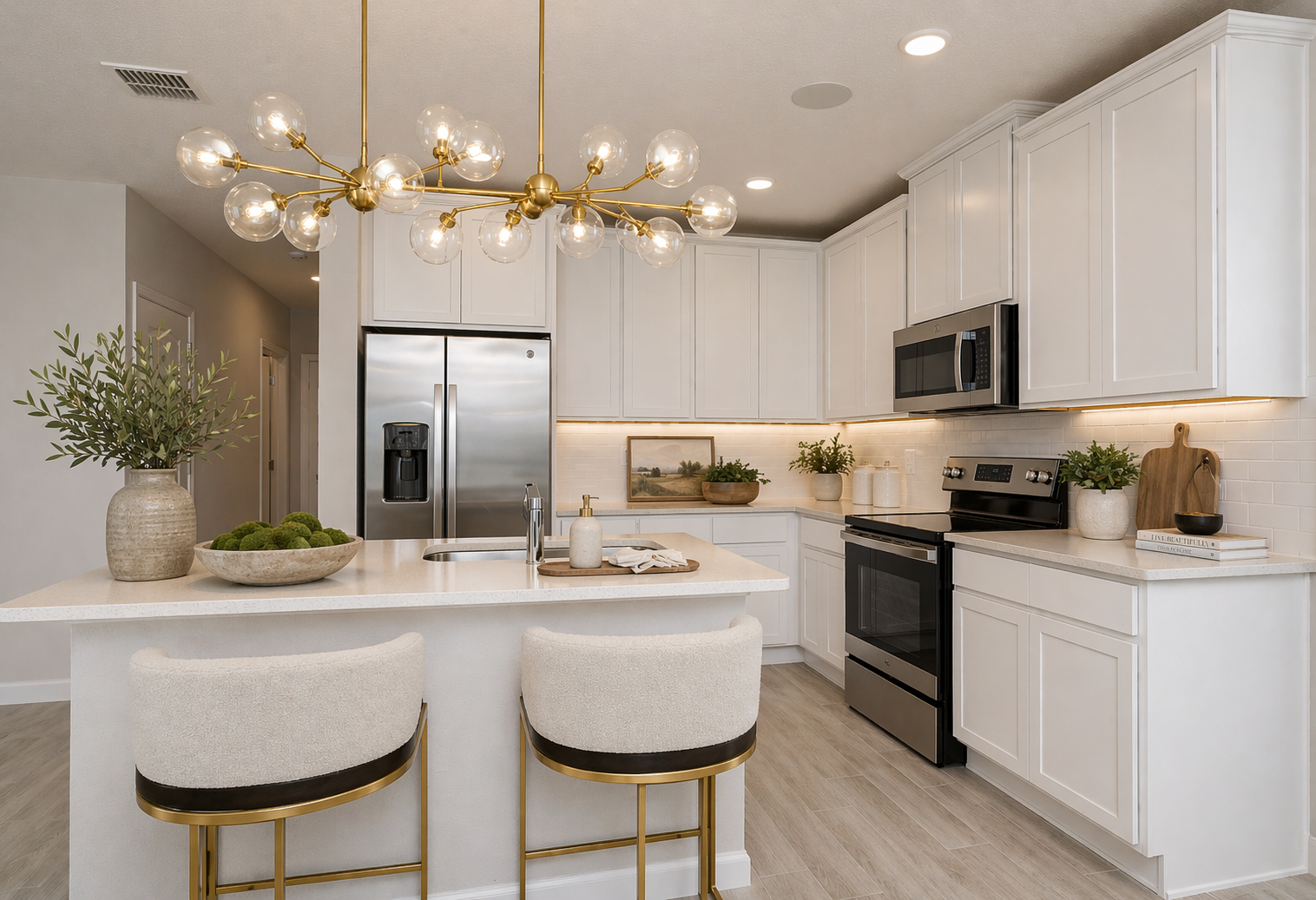 Chef's kitchen with globe chandelier, quartz island, and bar stools