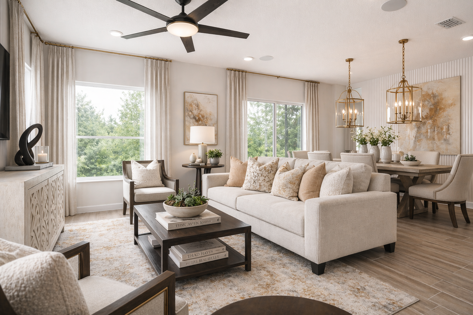 Great room with sofa, chandeliers, and dining area