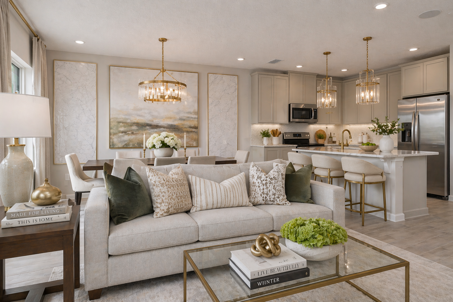 Open-concept living and kitchen with coffered ceiling and warm lighting