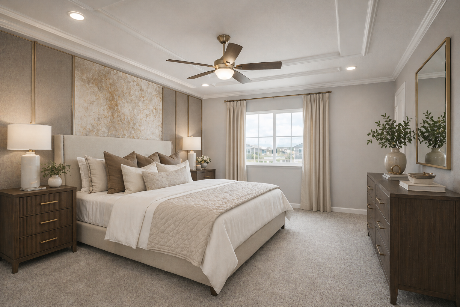 Primary bedroom suite with tray ceiling and upholstered bed