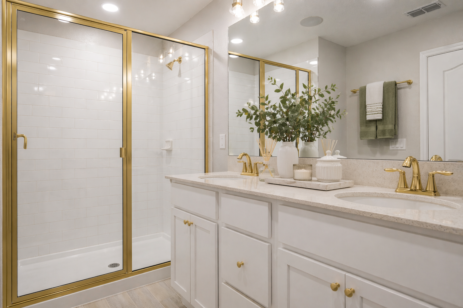 Primary bath with glass shower, double vanity, and brass fixtures