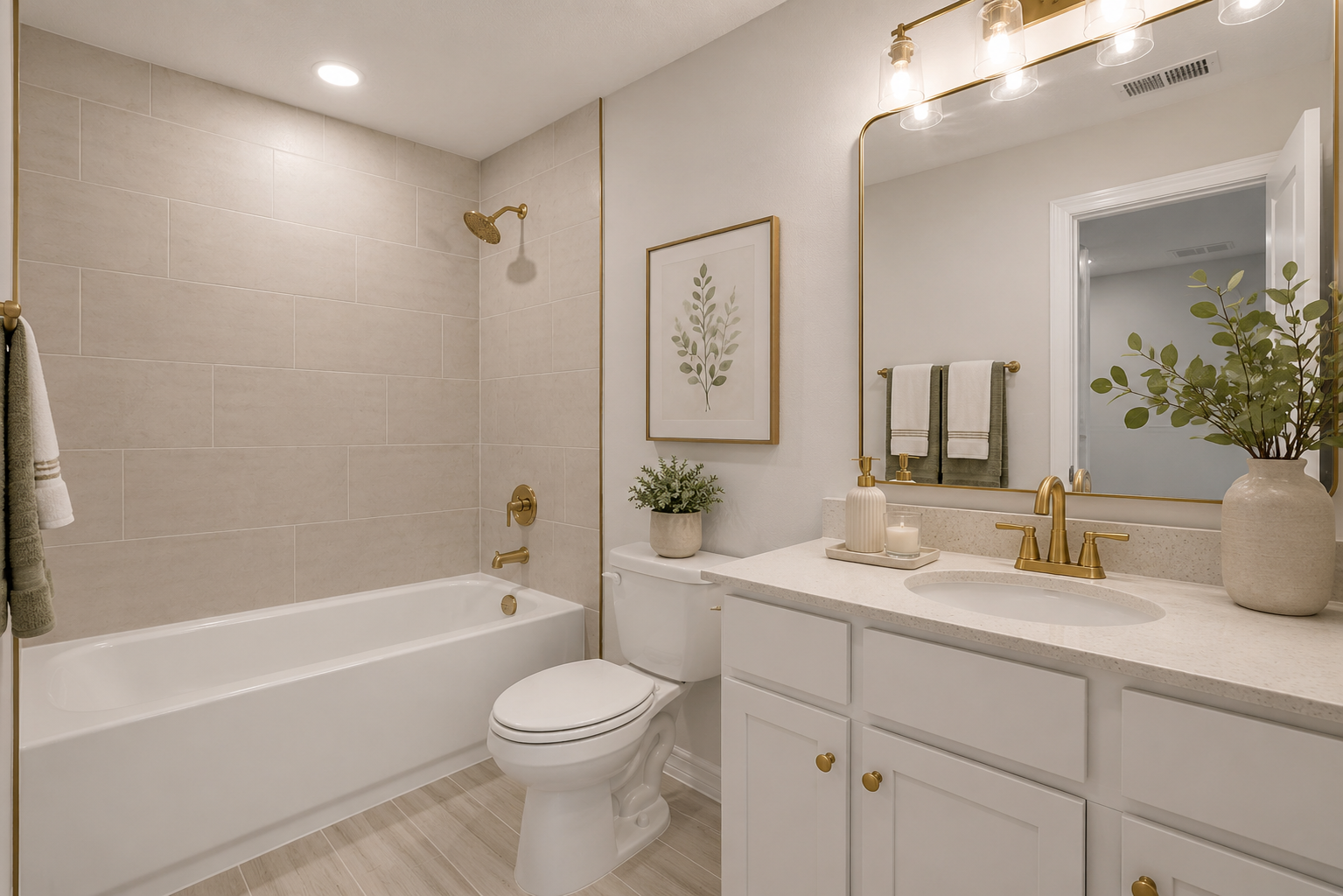 Secondary bath with soaking tub, single vanity, and gold fixtures